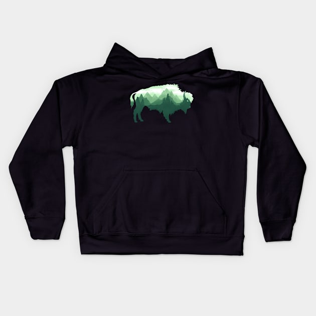 Dramabite Bison Buffalo Double Exposure Surreal Wildlife Native Animal Kids Hoodie by dramabite